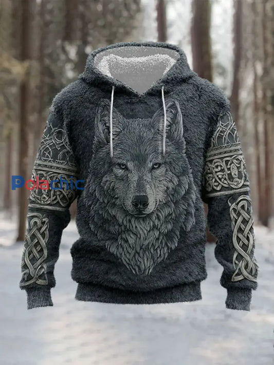 Style viking loup Totem noeud celtique broderie flanelle Hoodie Sweatshirt Gris / S