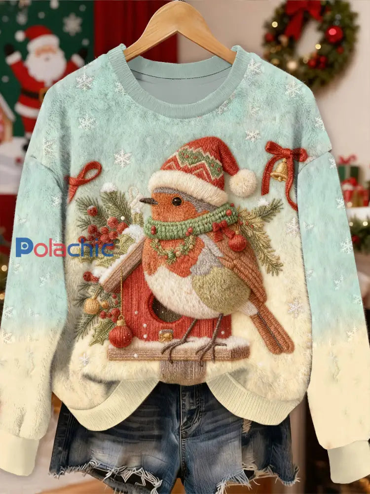 Superbe motif d’oiseau de Noël Casual Sweat-shirt à manches longues comme image / S