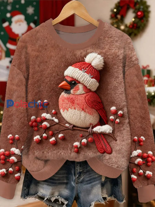 Superbe motif d’oiseau de Noël Casual Sweat-shirt à manches longues comme image / S