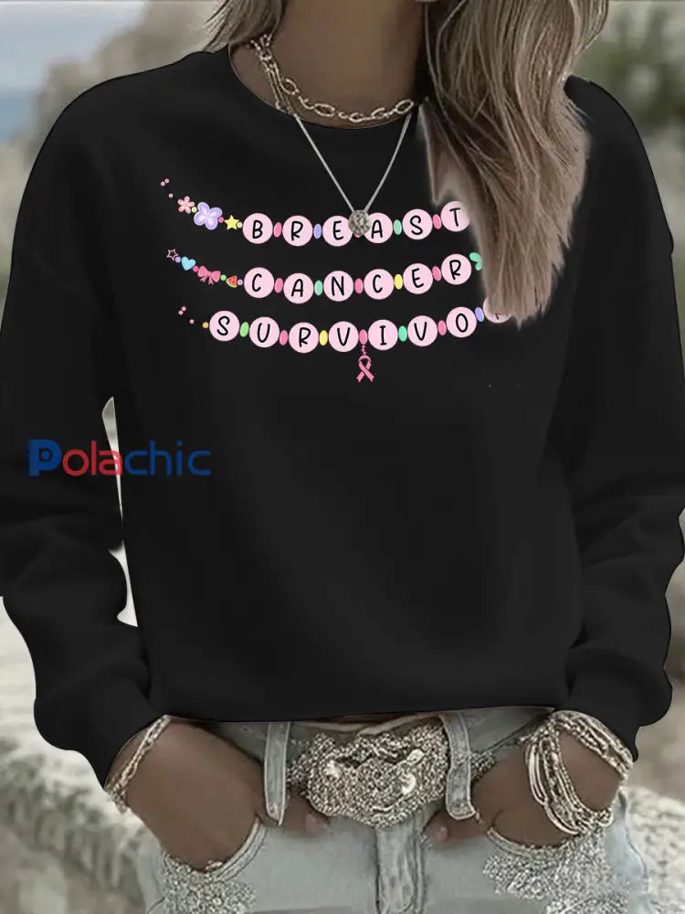 Survivant du cancer du sein des femmes Imprimer Sweat-shirt décontracté Noir / S