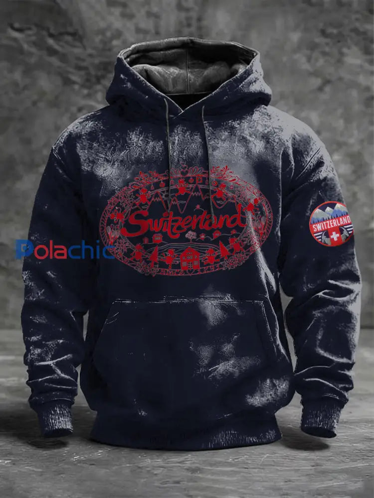 Sweat à capuche bleu marine orné de paysages suisses rouge pour hommes Multicolore / S