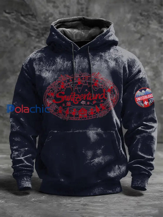 Sweat à capuche bleu marine orné de paysages suisses rouge pour hommes Multicolore / S