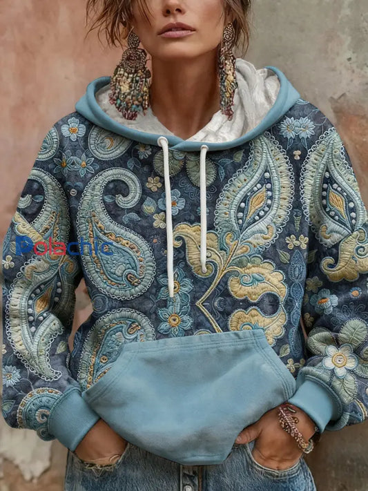 Sweat à capuche bohème imprimé floral boho pour femmes Bleu / S