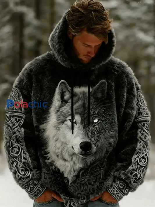 Sweat à capuche confortable en flanelle Viking Wolf Celtic Art pour hommes Noir / S