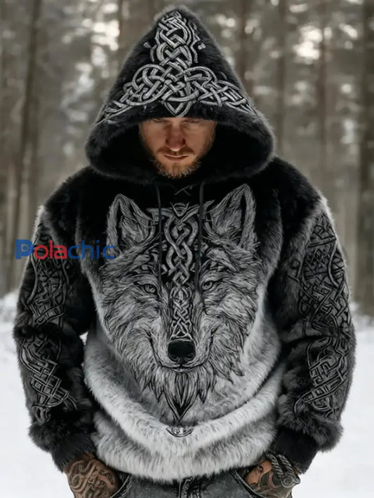 Sweat à capuche confortable en flanelle Viking Wolf Celtic Art pour hommes Noir / S