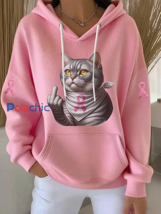 Sweat à Capuche Décontracté Chat Imprimé Ruban Rose pour Femme Rose / S