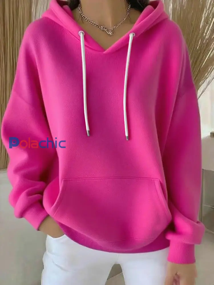 Sweat à capuche décontracté couleur pure pour femmes Rose Rouge / S