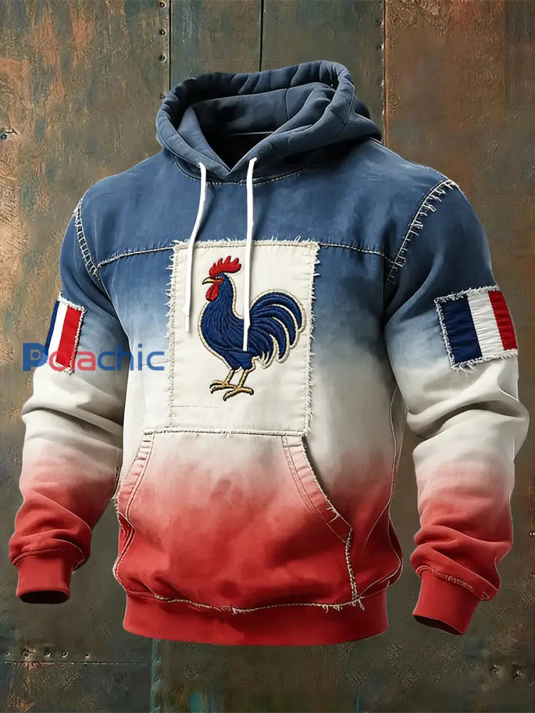 Sweat à capuche décontracté dégradé de drapeau coq français rétro Multicolore / S
