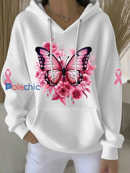 Sweat à Capuche Décontracté Femme Rose Cancer Du Sein Imprimé Blanc / S