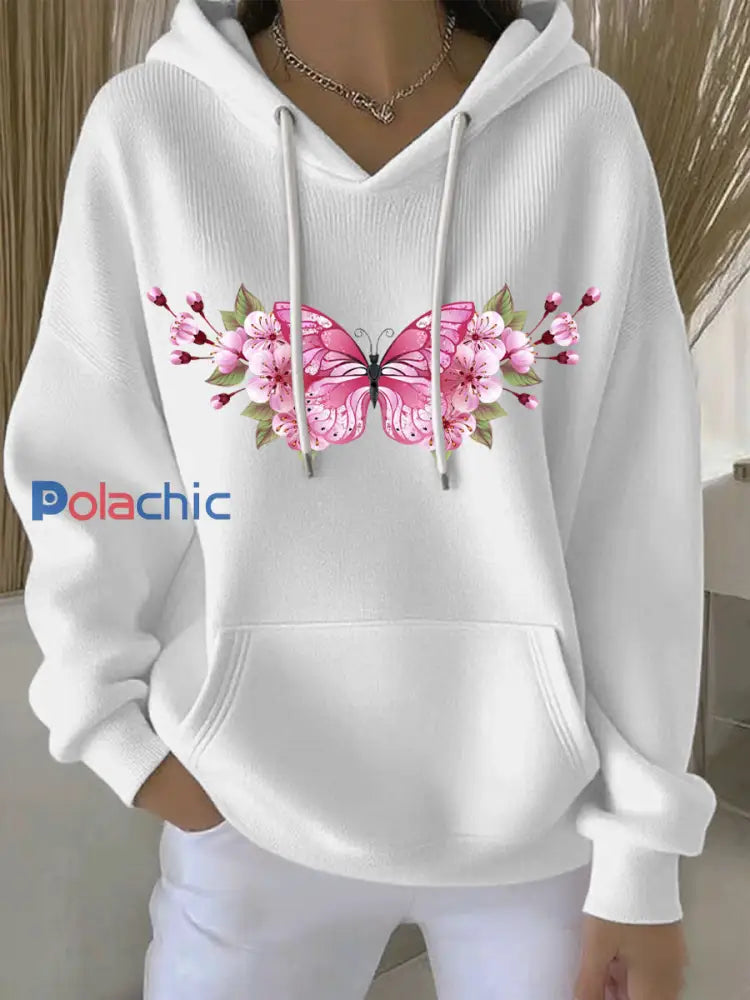 Sweat à Capuche Décontracté Femme Rose Cancer Du Sein Imprimé Blanc / S