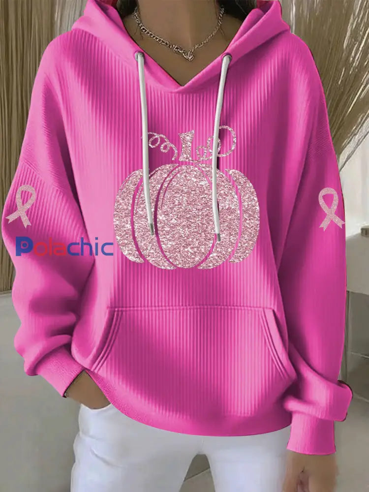 Sweat à Capuche Décontracté Femme Rose Citrouille Imprimé Sensibilisation au Cancer du Sein Rose Rouge / S