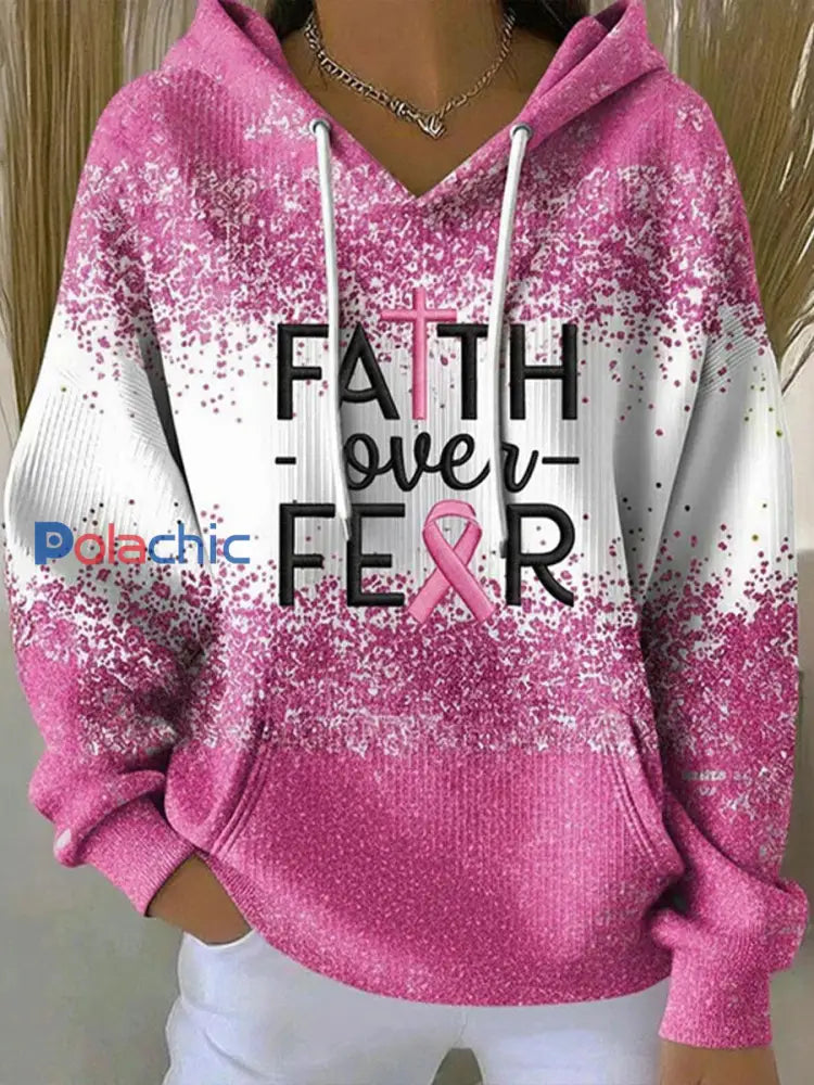 Sweat à Capuche Décontracté Femme Rose Ruban Imprimé Sensibilisation au Cancer du Sein comme image / S