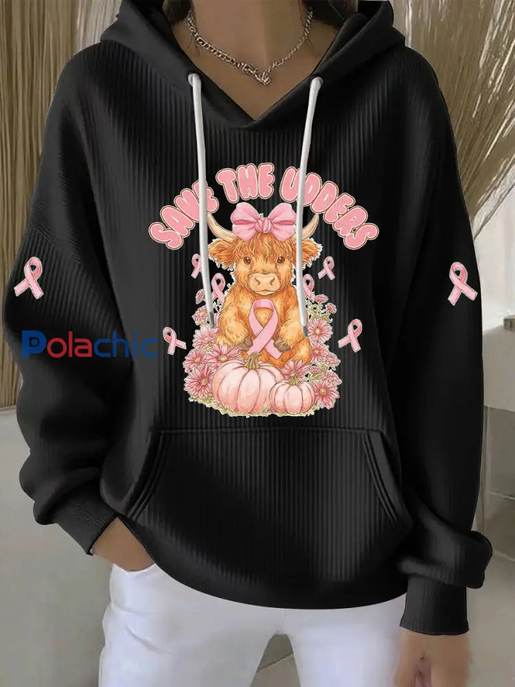 Sweat à Capuche Décontracté Femme Rose Ruban Imprimé Sensibilisation au Cancer du Sein Noir / S