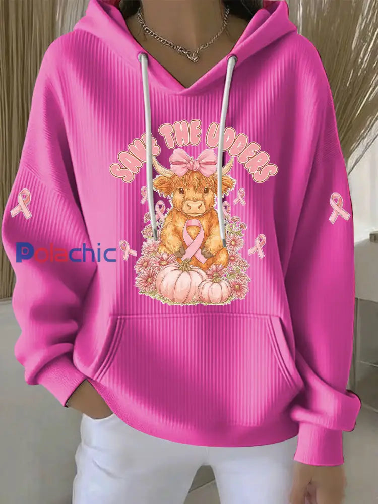 Sweat à Capuche Décontracté Femme Rose Ruban Imprimé Sensibilisation au Cancer du Sein Rose Rouge / S