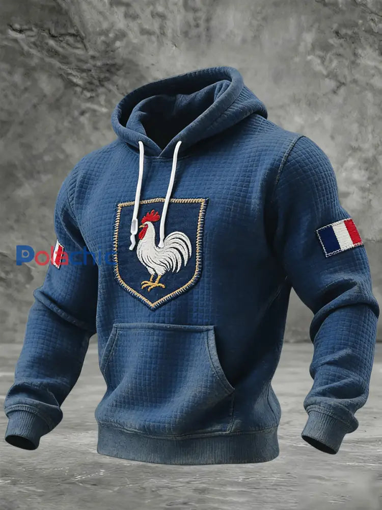 Sweat à capuche décontracté gaufré coq drapeau français rétro Multicolore / S