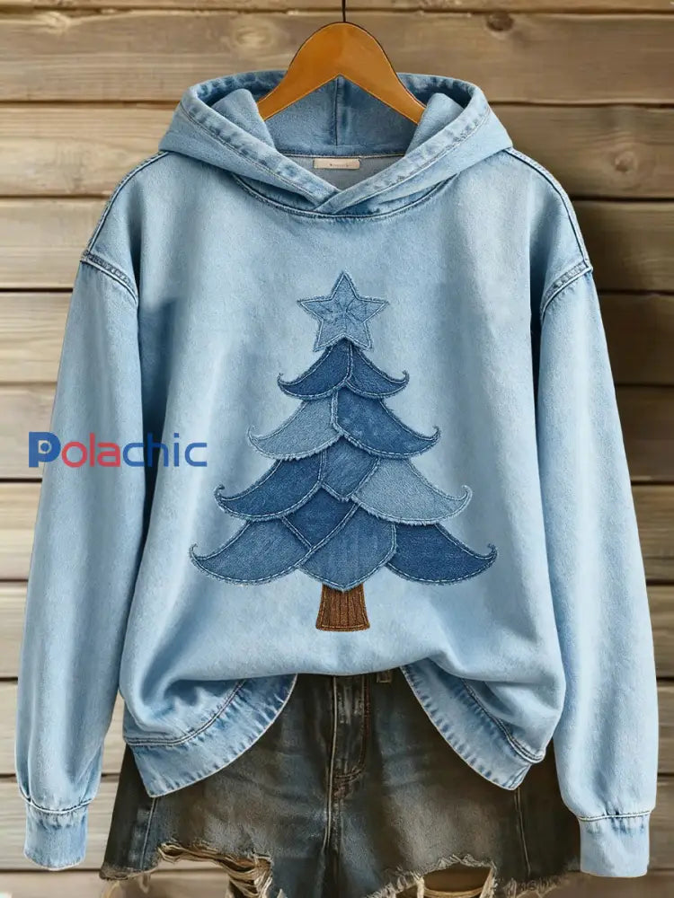Sweat à capuche décontracté imprimé arbre de Noël pour femmes Bleu / S