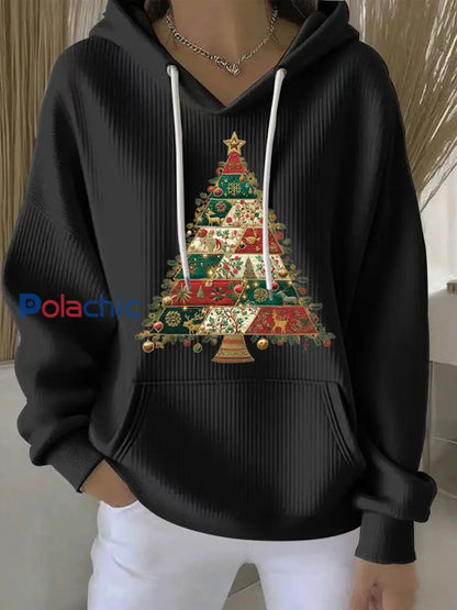Sweat à capuche décontracté imprimé arbre de Noël pour femmes Noir / S