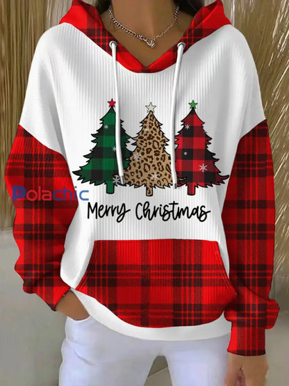 Sweat à capuche décontracté imprimé arbre de Noël pour femmes Rouge / S