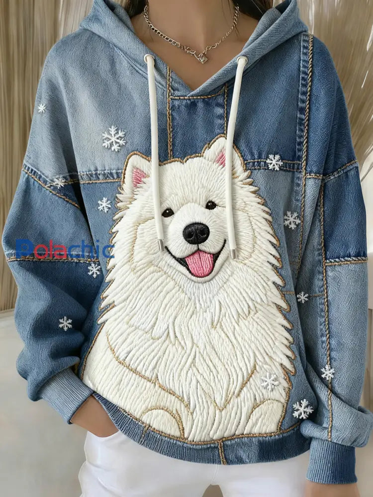 Sweat à capuche décontracté imprimé de chien vintage pour femmes Bleu / S