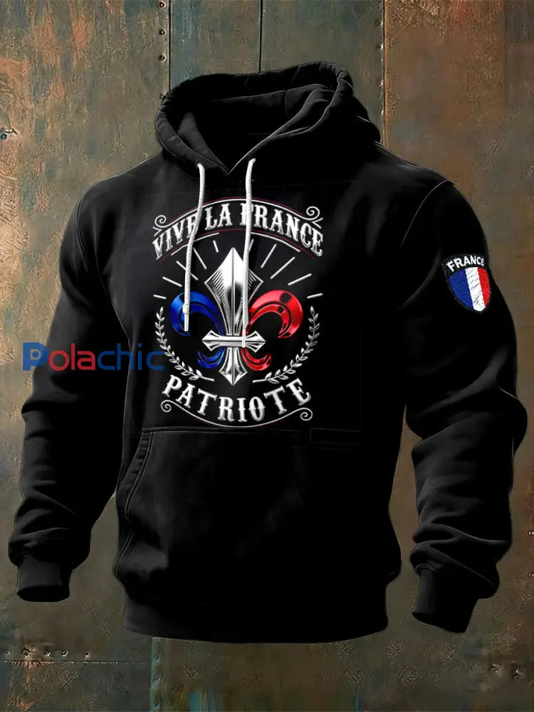Sweat à capuche décontracté imprimé drapeau français pour hommes Noir / S