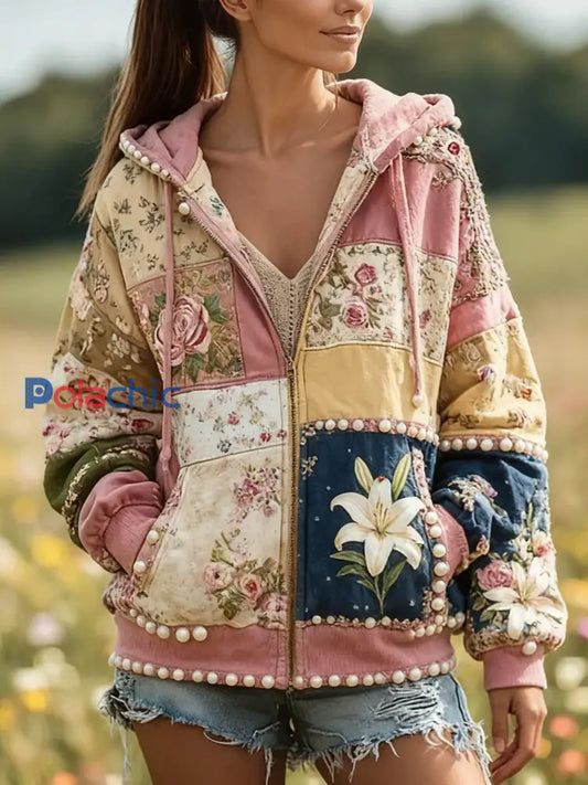 Sweat à capuche décontracté à imprimé floral pour femmes Rose / S