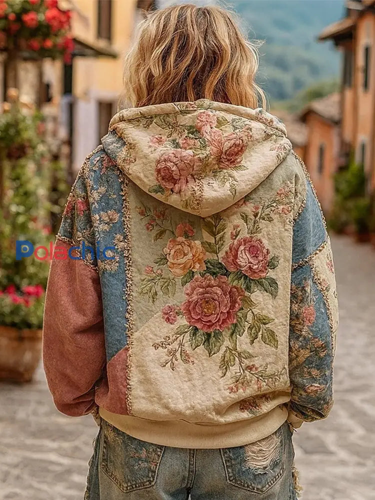 Sweat à capuche décontracté à imprimé floral rose pour femmes