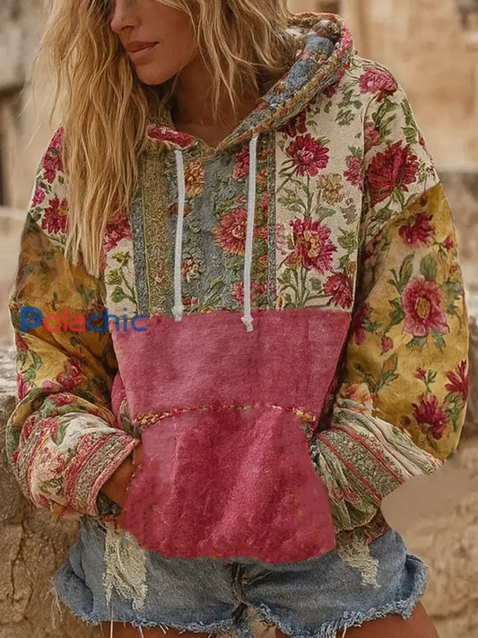 Sweat à capuche décontracté à imprimé floral rose pour femmes comme image / S