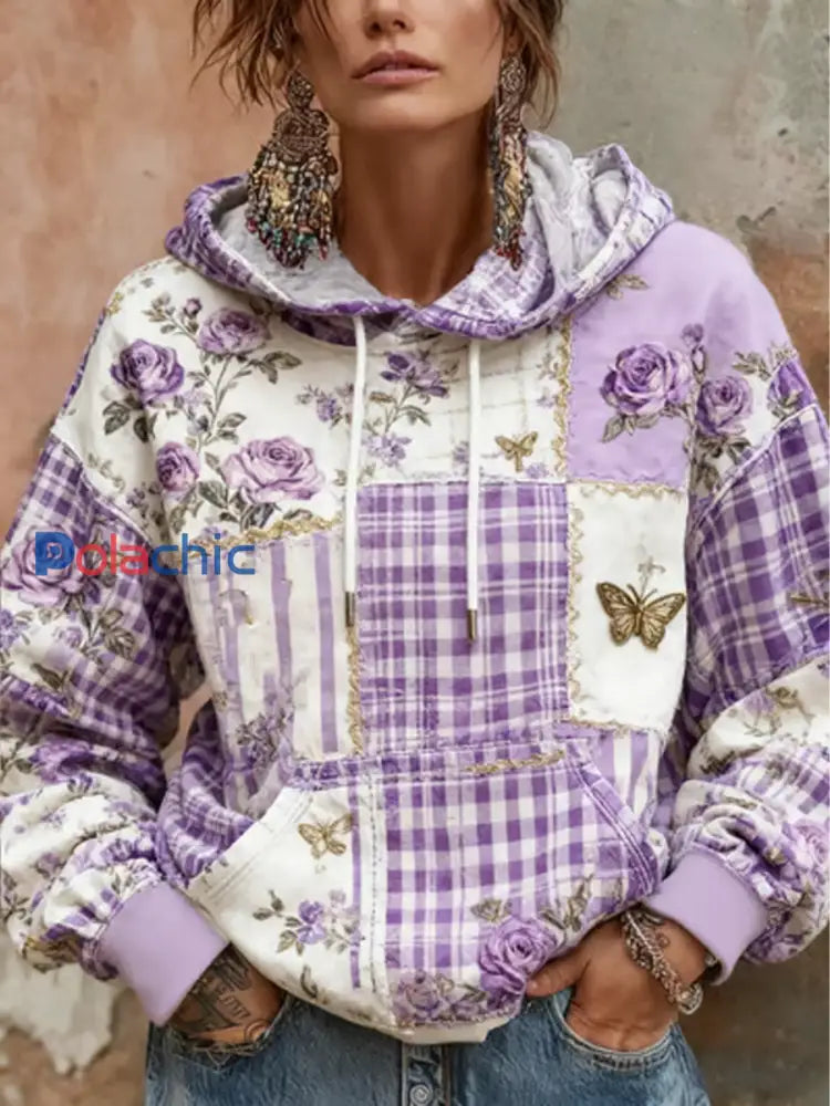 Sweat à capuche décontracté imprimé floral violet papillon pour femmes Violet / S