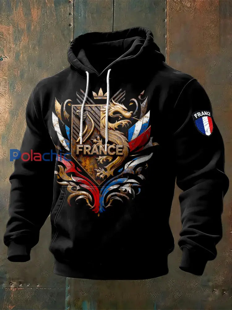 Sweat à capuche décontracté à imprimé français pour hommes Noir / S