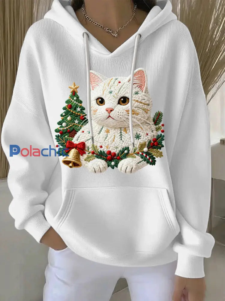 Sweat à capuche décontracté imprimé Noël pour femmes Blanc / S