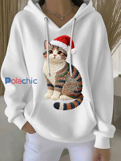 Sweat à capuche décontracté imprimé Noël pour femmes Blanc / S