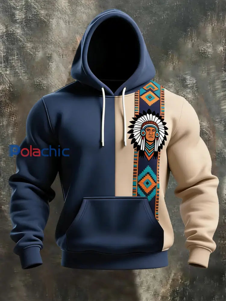 Sweat à capuche décontracté à imprimé occidental et aztèque pour hommes Bleu Marine / S