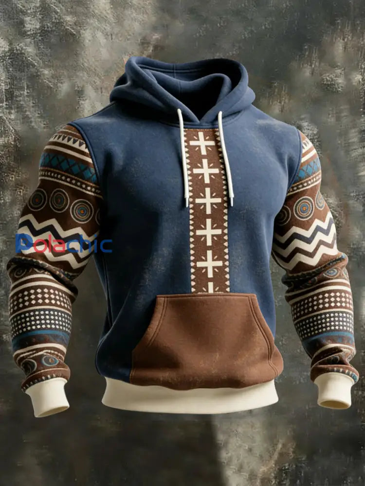Sweat à capuche décontracté à imprimé occidental et aztèque pour hommes Bleu Marine / S