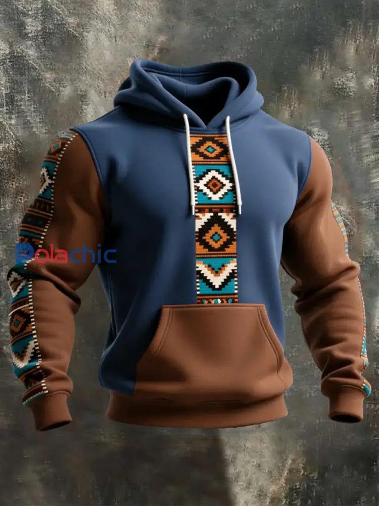 Sweat à capuche décontracté à imprimé occidental et aztèque pour hommes Bleu Marine / S