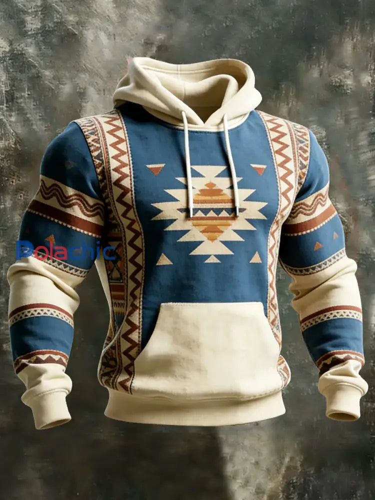 Sweat à capuche décontracté à imprimé occidental et aztèque pour hommes Bleu / S