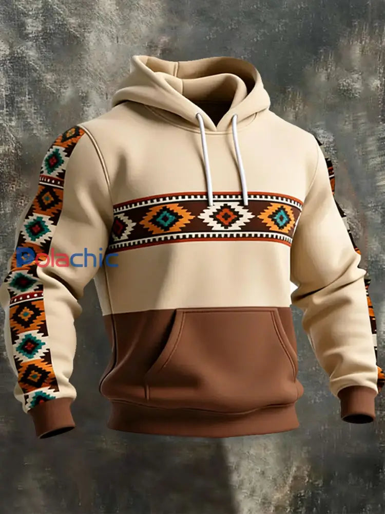 Sweat à capuche décontracté à imprimé occidental et aztèque pour hommes Kaki clair / S