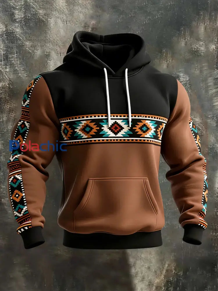 Sweat à capuche décontracté à imprimé occidental et aztèque pour hommes Marron / S