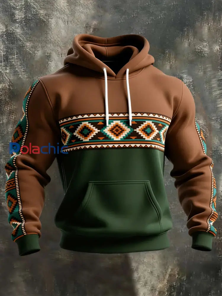 Sweat à capuche décontracté à imprimé occidental et aztèque pour hommes Marron / S