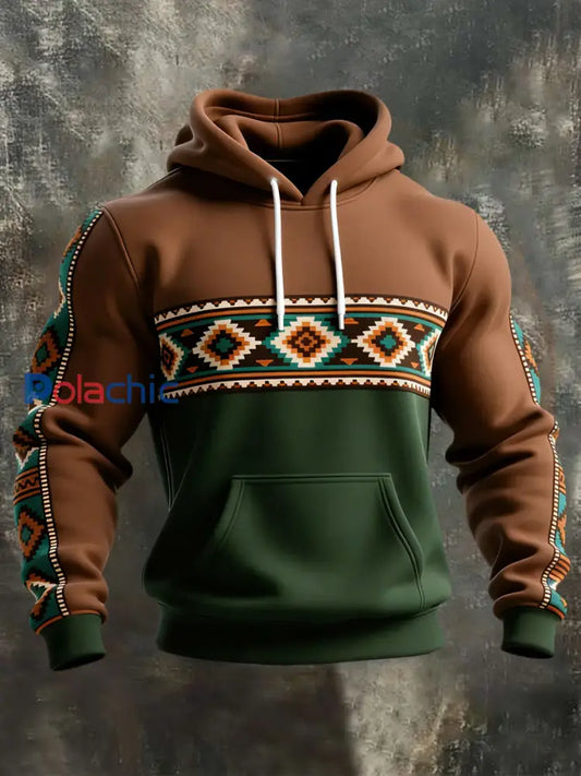 Sweat à capuche décontracté à imprimé occidental et aztèque pour hommes Marron / S