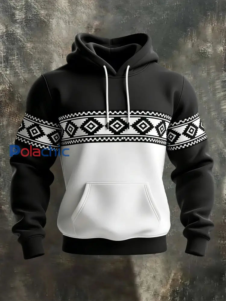 Sweat à capuche décontracté à imprimé occidental et aztèque pour hommes noir et blanc / S