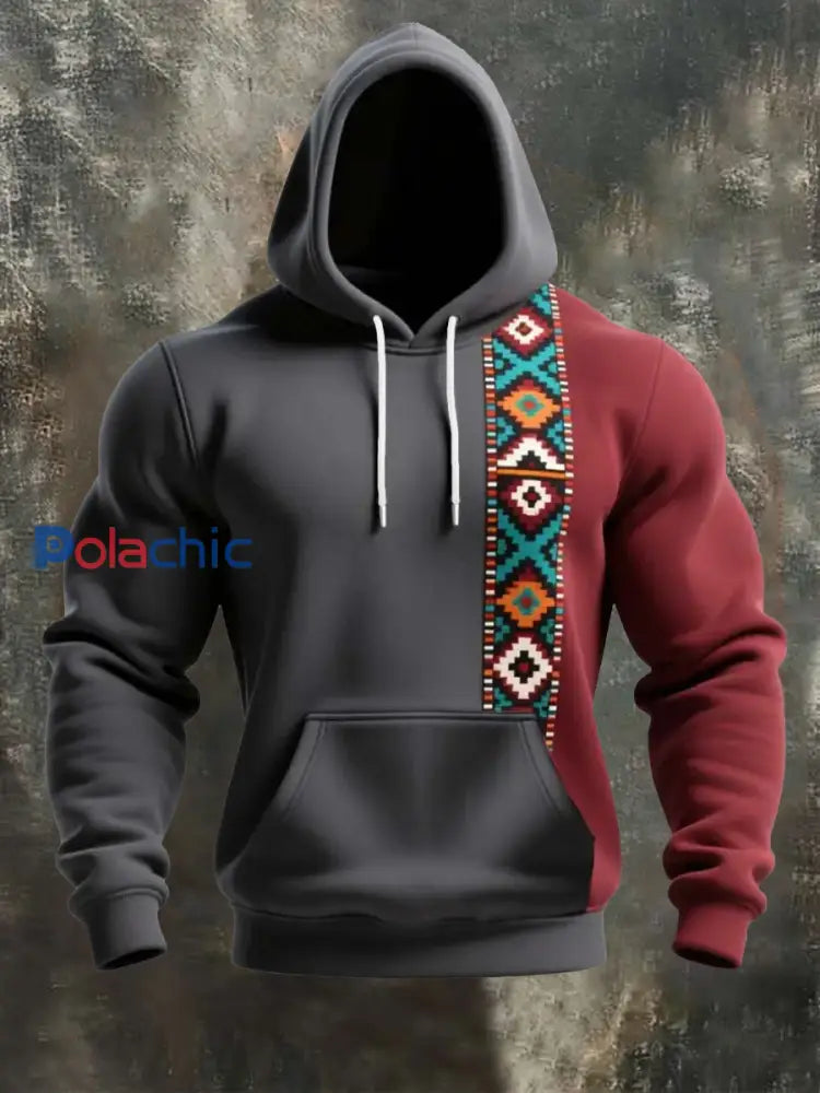 Sweat à capuche décontracté à imprimé occidental et aztèque pour hommes Rouge Foncé / S
