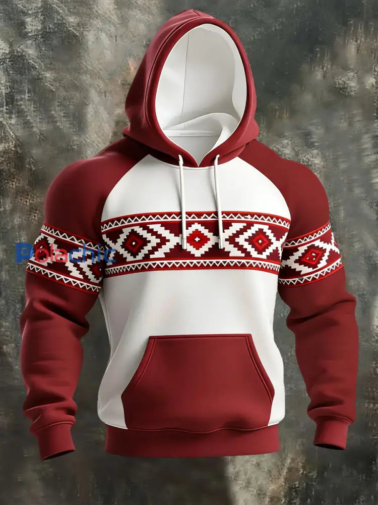 Sweat à capuche décontracté à imprimé occidental et aztèque pour hommes Rouge / S