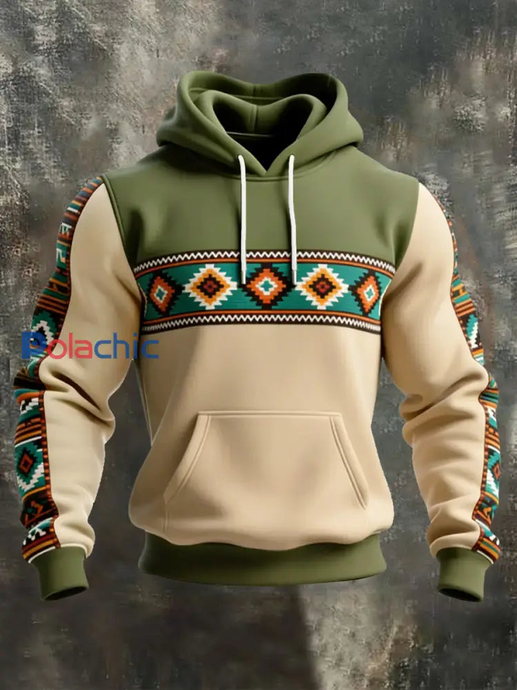 Sweat à capuche décontracté à imprimé occidental et aztèque pour hommes Vert / S