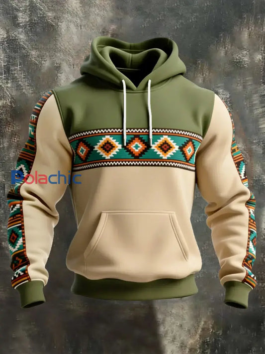 Sweat à capuche décontracté à imprimé occidental et aztèque pour hommes Vert / S