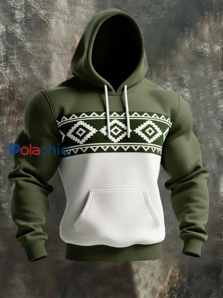 Sweat à capuche décontracté à imprimé occidental et aztèque pour hommes Vert / S