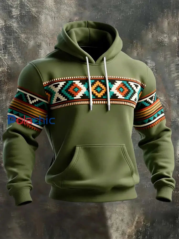 Sweat à capuche décontracté à imprimé occidental et aztèque pour hommes Vert / S