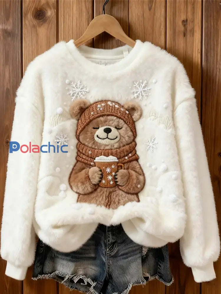 Sweat à capuche décontracté à imprimé ours mignon pour femmes Blanc-Crémeux / S