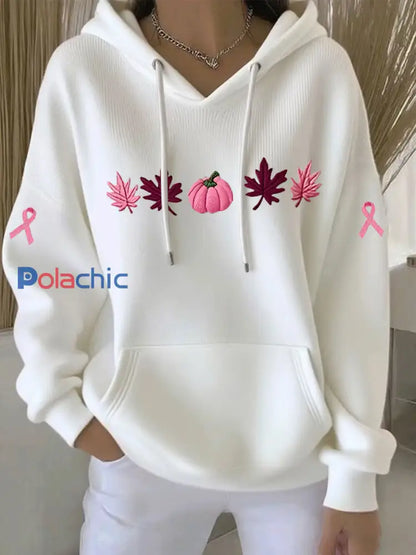 Sweat à capuche décontracté imprimé ruban rose pour femmes Blanc / S