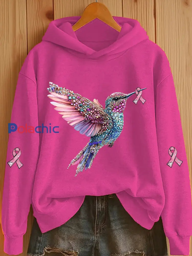 Sweat à capuche décontracté imprimé ruban rose pour femmes Rose Rouge / S