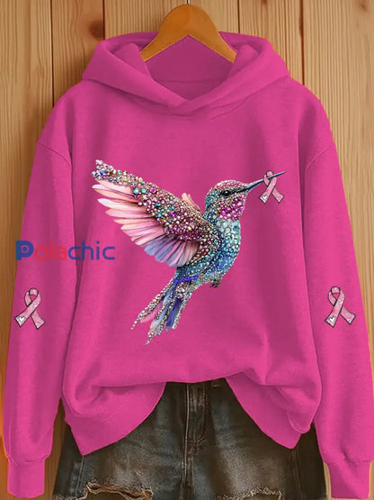 Sweat à capuche décontracté imprimé ruban rose pour femmes Rose Rouge / S